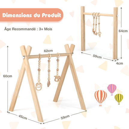 Wooden Baby Gym, Foldable, 3 Hanging Toys, 60x44x60 cm