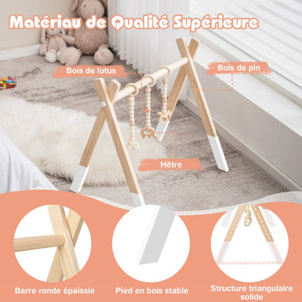 Wooden Baby Gym, Foldable Play Frame with 3 Hanging Toys