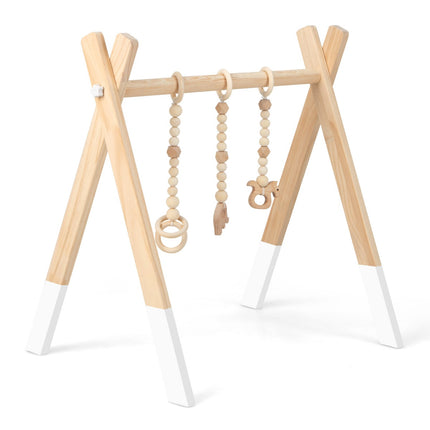 Wooden Baby Gym, Foldable Play Frame with 3 Hanging Toys