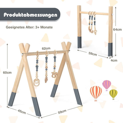Wooden Baby Gym with 3 Hanging Toys – Grey