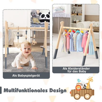 Wooden Baby Gym with 3 Hanging Toys – Grey