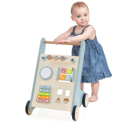 Wooden Baby Push Walker With Xylophone, Flip Blocks, Blue