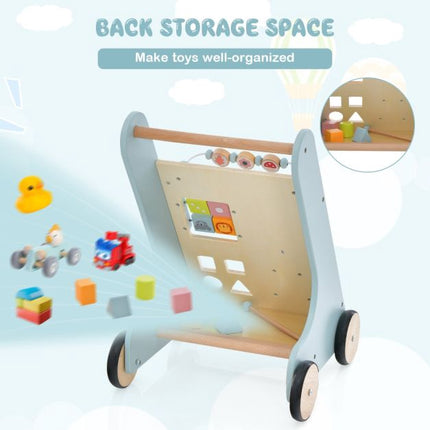Wooden Baby Push Walker With Xylophone, Flip Blocks, Blue