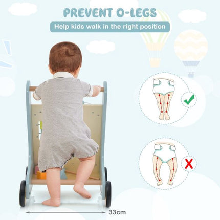 Wooden Baby Push Walker With Xylophone, Flip Blocks, Blue