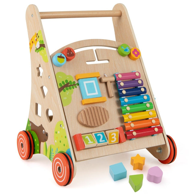 Wooden Baby Walker with Handle, Storage, and Wheels