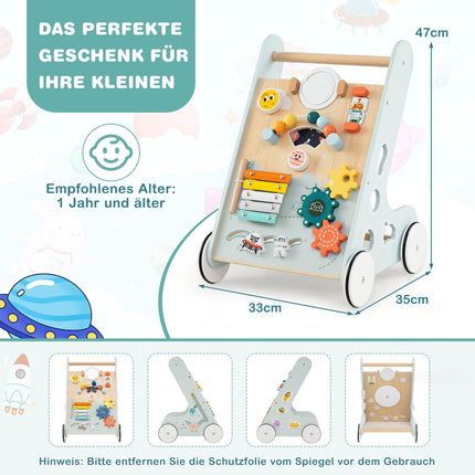Wooden Baby Walker with Wheels, 8-in-1 Activity Center