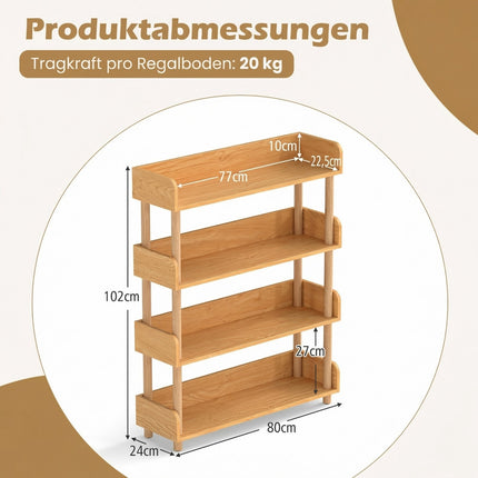 Wooden Bookshelf with 3 Open Shelves and Side Grids