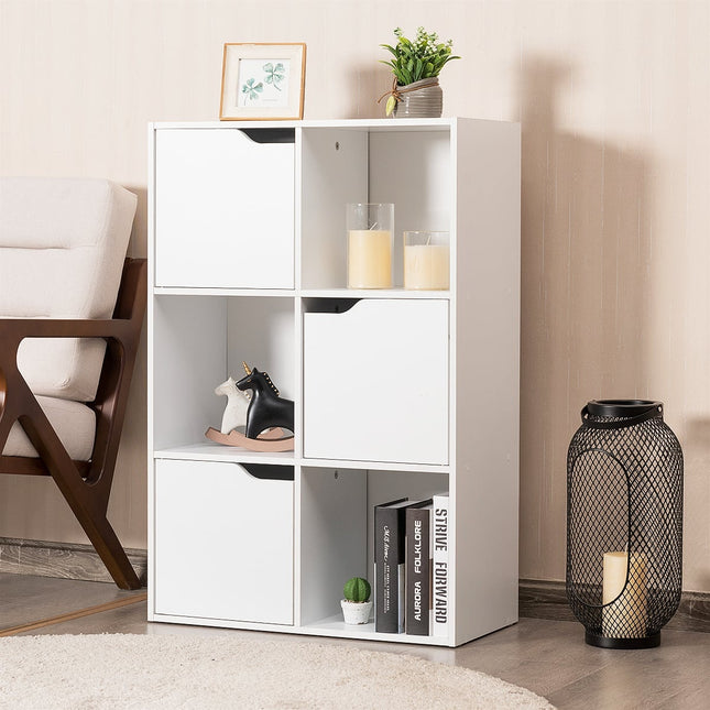 Wooden Bookshelf with Doors, 6 Compartments, White