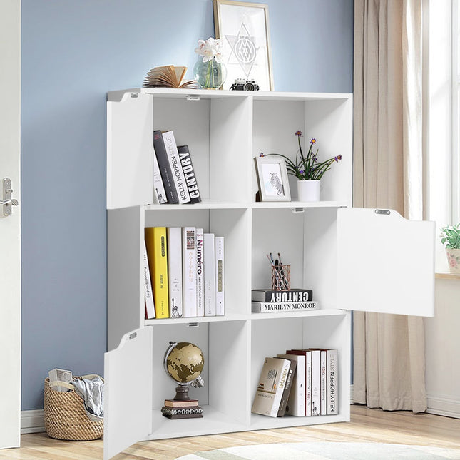 Wooden Bookshelf with Doors, 6 Compartments, White