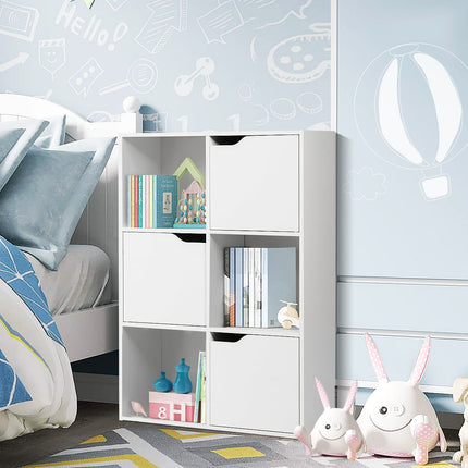 Wooden Bookshelf with Doors, 6 Compartments, White