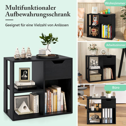 Wooden Bookshelf with Drawer & 3 Compartments, Black