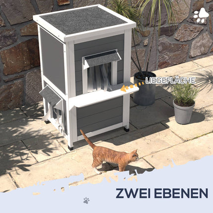 Weatherproof wooden cat house with roof - gray and white
