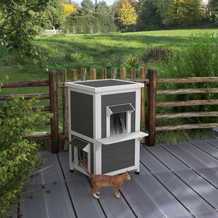 Weatherproof wooden cat house with roof - gray and white