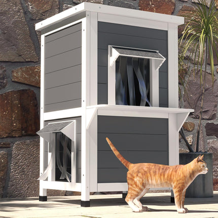 Weatherproof wooden cat house with roof - gray and white