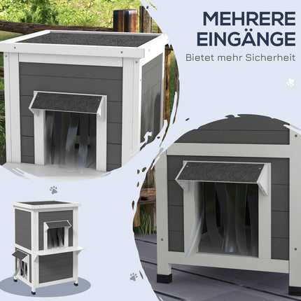 Weatherproof wooden cat house with roof - gray and white