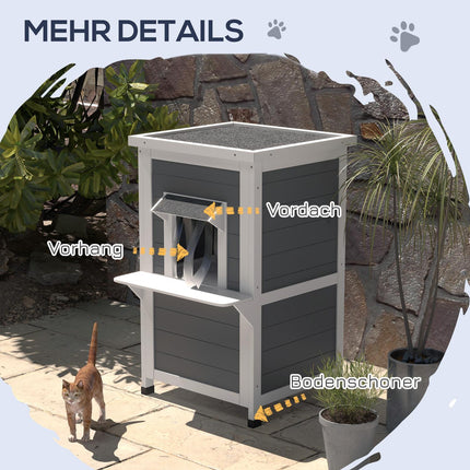 Weatherproof wooden cat house with roof - gray and white