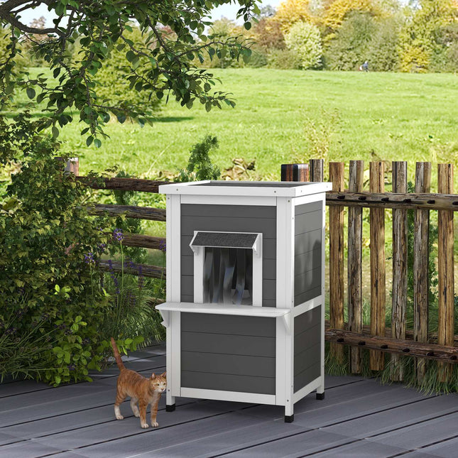Weatherproof wooden cat house with roof - gray and white