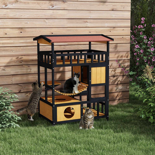 Wooden cat house with platforms and suspension bridge, yellow