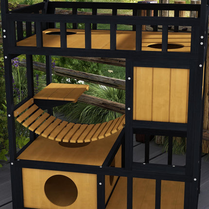 Wooden cat house with platforms and suspension bridge, yellow