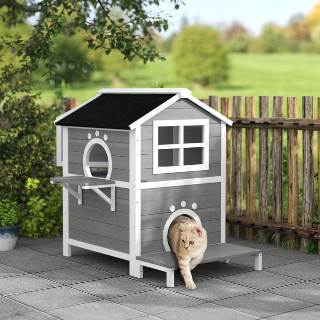 Weather-resistant wooden cat house with window and balcony