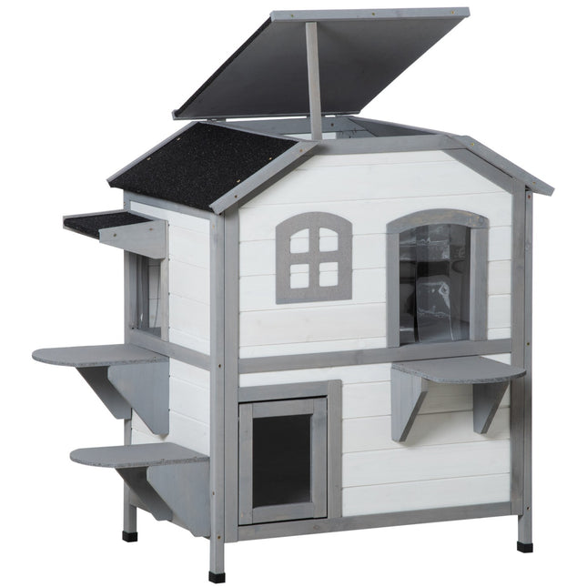 Outdoor wooden cat house with stairs for small cats