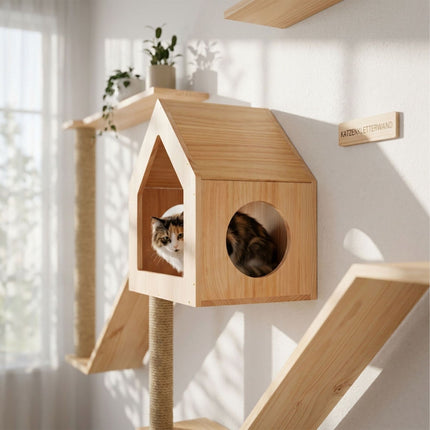 Wooden Cat House for Wall or Floor, Natural Finish