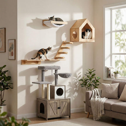Wooden Cat House for Wall or Floor, Natural Finish