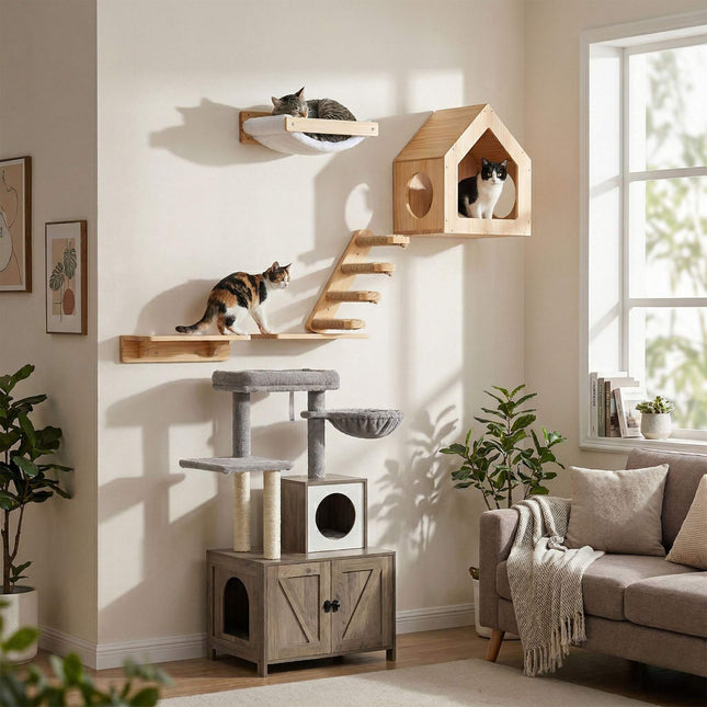 Wooden Cat House for Wall or Floor, Natural Finish