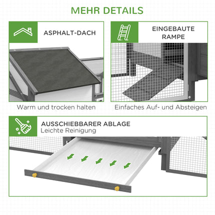 Gray wooden chicken house with nesting box and ramp