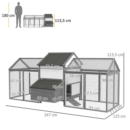 Gray wooden chicken house with nesting box and ramp