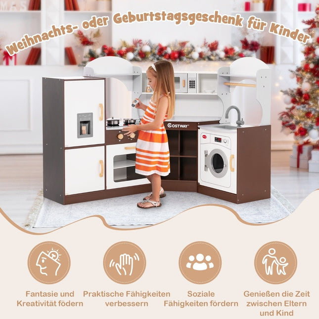 Wooden Corner Play Kitchen with Sound, Lights, Ice Maker