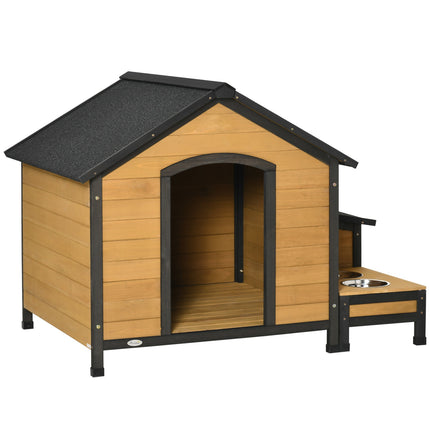 Insulated wooden doghouse, weatherproof with bowls