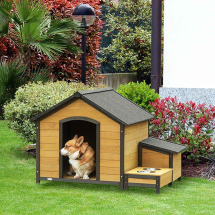 Insulated wooden doghouse, weatherproof with bowls