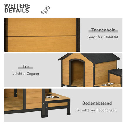 Insulated wooden doghouse, weatherproof with bowls