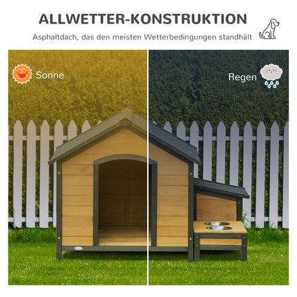 Insulated wooden doghouse, weatherproof with bowls