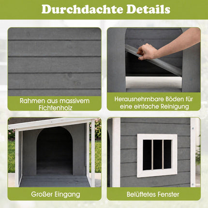 Wooden Doghouse with Veranda & Weatherproof Roof, Grey