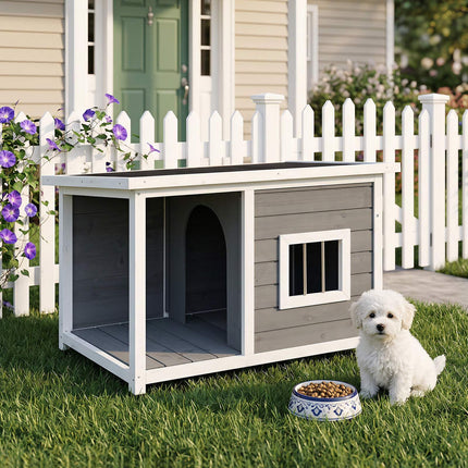 Wooden Doghouse with Veranda & Weatherproof Roof, Grey