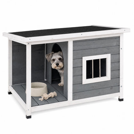 Wooden Doghouse with Veranda & Weatherproof Roof, Grey