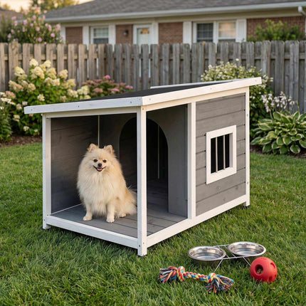 Wooden Doghouse with Veranda & Weatherproof Roof, Grey