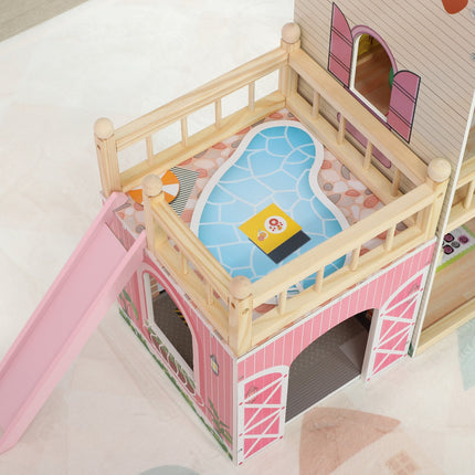Wooden dollhouse with furniture, garage, slides and balcony