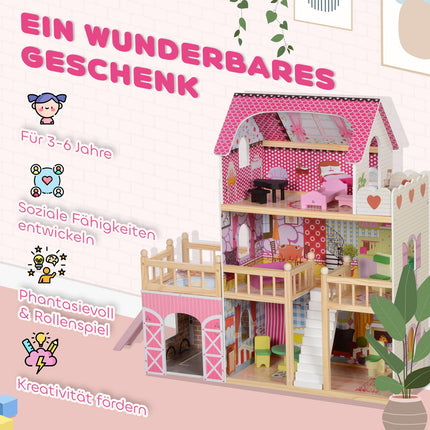 Wooden dollhouse with furniture, garage, slides and balcony