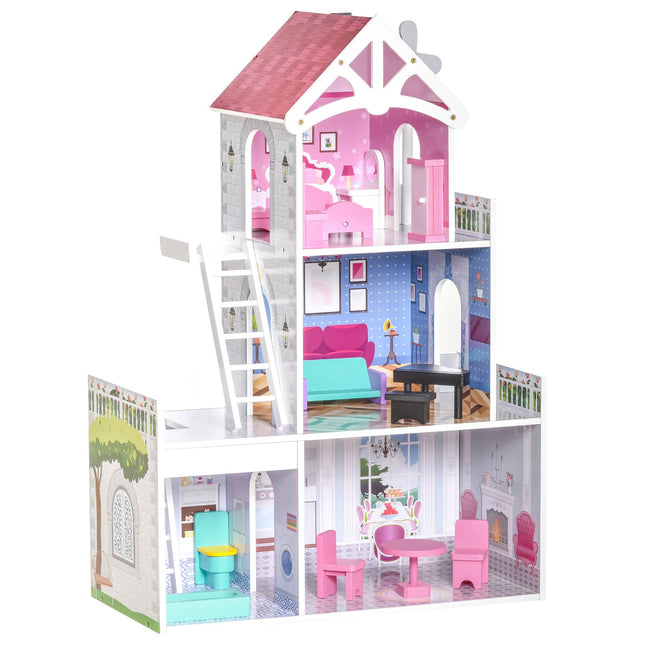 Wooden dollhouse with furniture, 3 floors, pink, 60x29x85cm