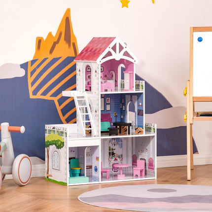 Wooden dollhouse with furniture, 3 floors, pink, 60x29x85cm
