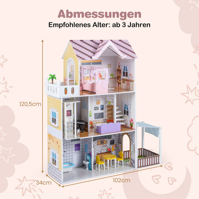 Wooden Dollhouse for Kids, 3-Story Pink Playhouse