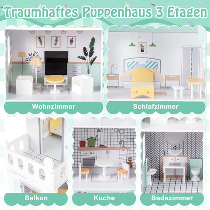 Wooden Dollhouse with 17-Piece Furniture Set, 3 Floors
