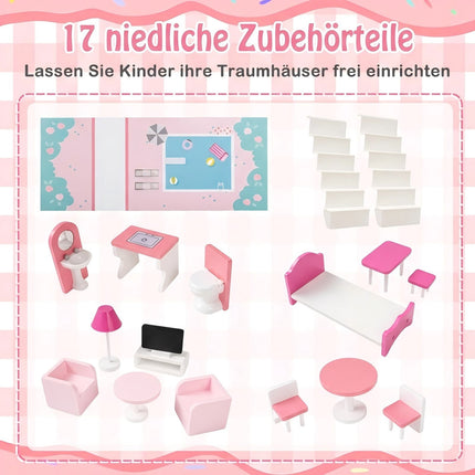 Wooden Dollhouse with 17-Piece Furniture Set, 3-Story