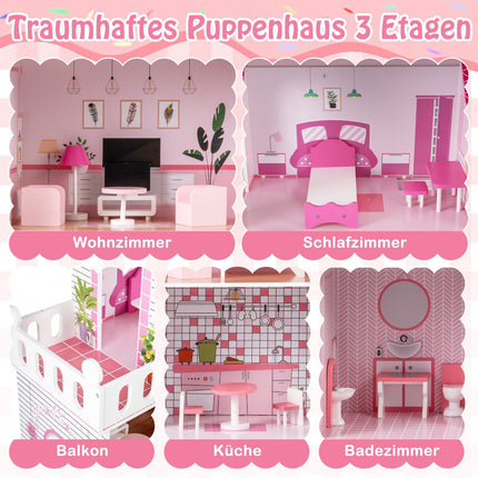 Wooden Dollhouse with 17-Piece Furniture Set, 3-Story
