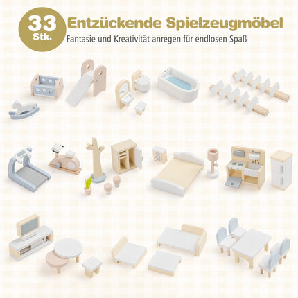 Wooden Dollhouse with 33 Furniture Pieces, Balcony & Pool
