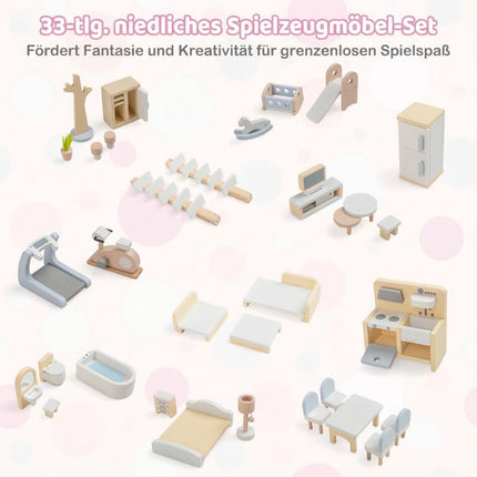 Wooden Dollhouse with 33 Furniture Pieces, Balcony & Pool