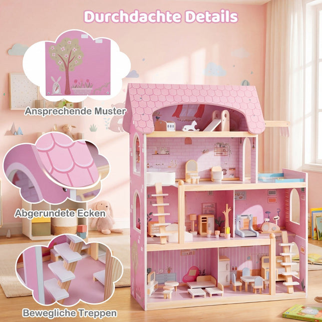 Wooden Dollhouse with 33 Furniture Pieces, Balcony & Pool